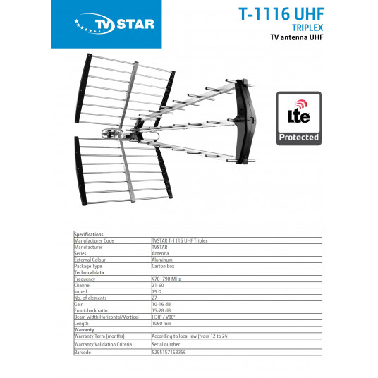  TV Antena eSTAR T-1116 UHF Triplex LTE Juoda 