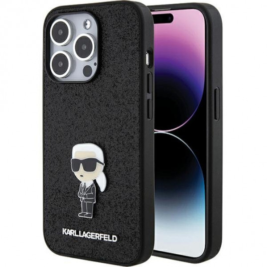  Karl Lagerfeld  Fixed Glitter Ikonik Logo Metal Pin Back Case for Apple iPhone 15 Pro 