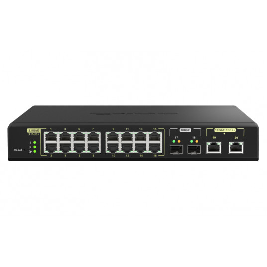  QNAP 16 ports 2.5GbE RJ45 with PoE 802.3at (30W), 2 ports 10GbE SFP+, 2 ports 10GbE RJ45 with PoE 802.3bt (90W) QSW-M2116P-2T2S	 Web managed, Rackmountable, Power supply type Internal 