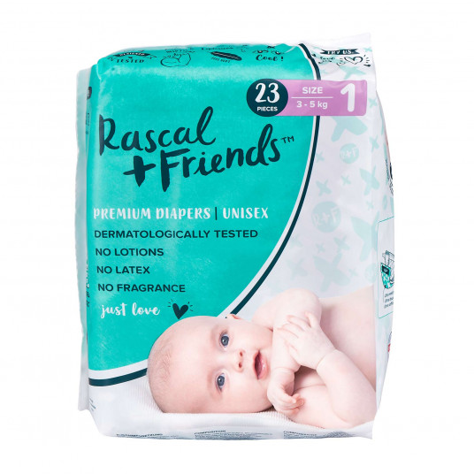 RASCAL + FRIENDS sauskelnės 1 dydis, 3-5kg, 23 vnt.