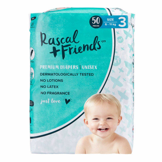 RASCAL + FRIENDS sauskelnės 3 dydis, 6-11kg, 50 vnt.