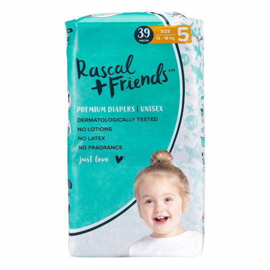 RASCAL + FRIENDS sauskelnės 5 dydis, 13-18kg, 39 vnt. 