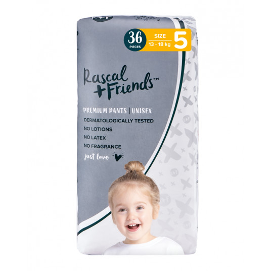  RASCAL + FRIENDS sauskelnės-kelnaitės 5 dydis, 13-18kg, 36 vnt. 