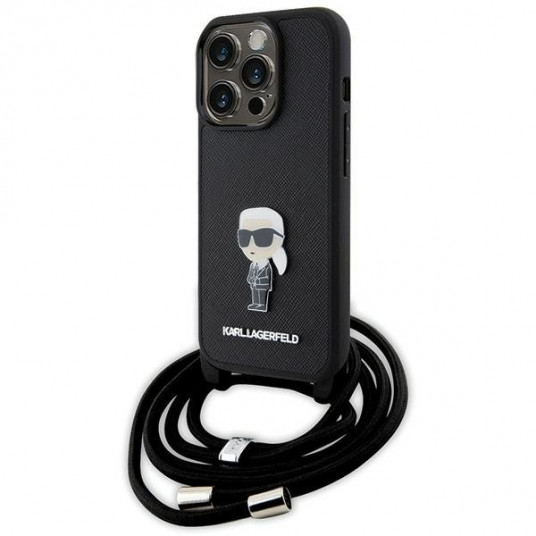 Karl Lagerfeld Crossbody Saffiano Monogram Metal Pin Karl & Choupette Back Case for Apple iPhone 15 Pro