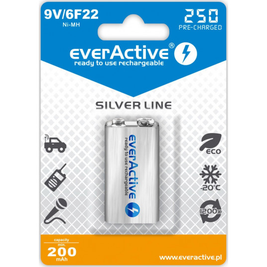  Įkraunamos baterijos everActive Ni-MH 6F22 9V 250 mAh Silver Line 
