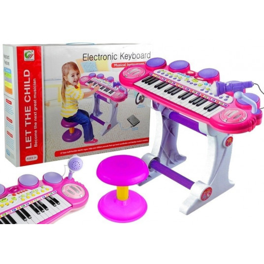 Vaikiškas pianinas su mikrofonu ir kėdute, rožinis
