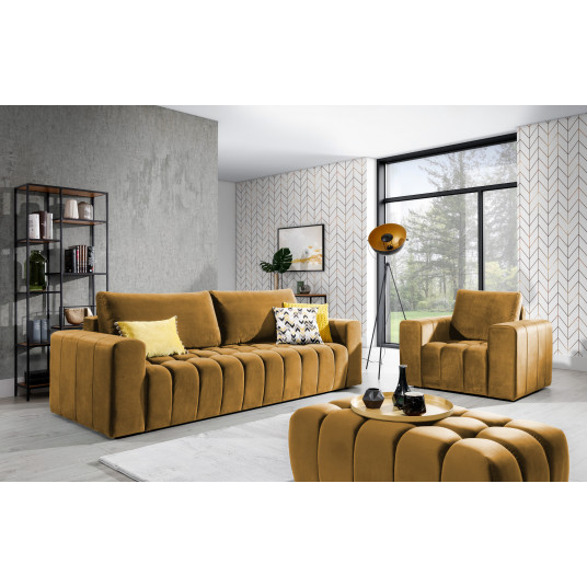  Baldų komplektas Sofa, fotelis ir pufas Lazaro 3+1+Puf geltona 