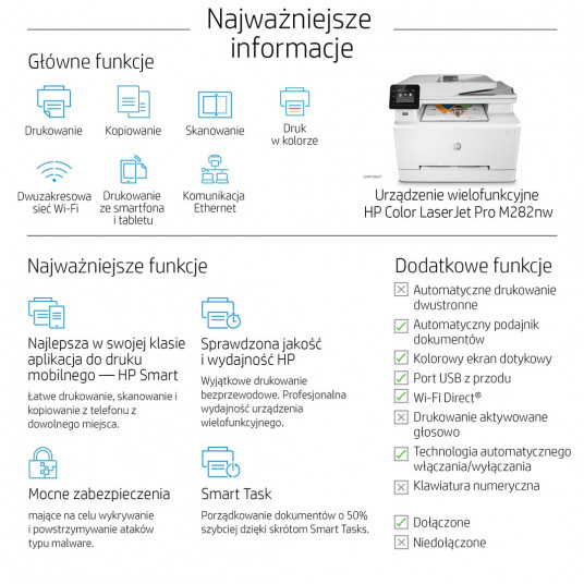  HP Color LaserJet Pro MFP M282nw, Print, copy, scan, Front-facing USB printing; Scan to email; 50-sheet uncurled ADF 