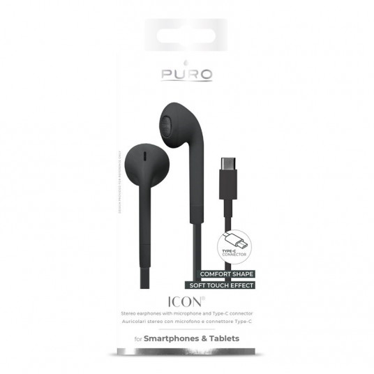  USB-C ausinės į ausis PURO Icon Stereo, su plokščiu kabeliu, mikrofonu ir nuotoliniu valdymu, juodos / IPHF27USBCBLK 