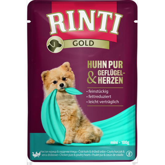 Rinti gold suaugusių šunų konservuotas pašaras su vištiena ir paukščių širdelėmis 100 g