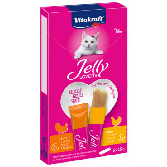  Jelly Lovers kačių pašaro papildas - skanėstai su vištiena ir kalakutiena 6x15 g 