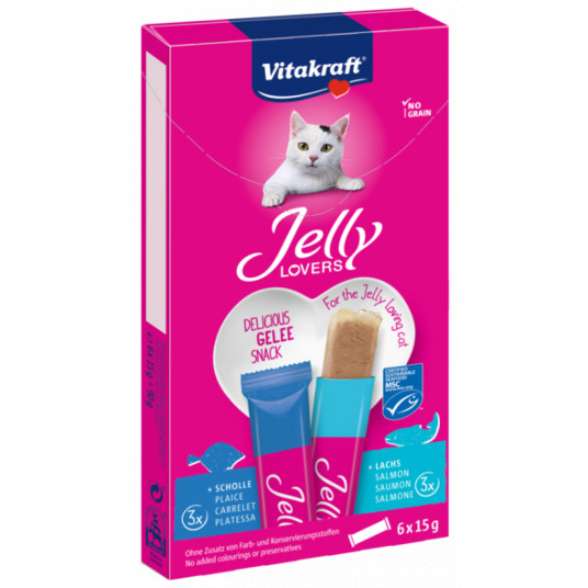  Jelly Lovers kačių pašaro papildas - skanėstai su lašiša ir plekšnėmis 6x15 g 