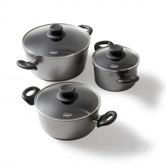  Stoneline 3-pcs Pot Set with glass lids 6932 1.5+2.5+4.5 L, 16/20/24 cm, Aluminium, Anthracite 