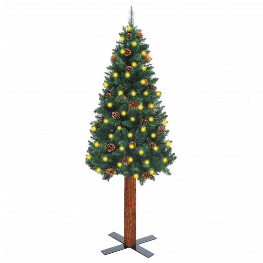 Siaura Kalėdų eglutė su LED/mediena/kankorėžiais, žalia, 180cm