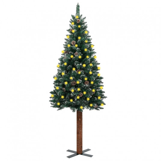  Siaura Kalėdų eglutė su LED/mediena/baltu sniegu, žalia, 210cm 