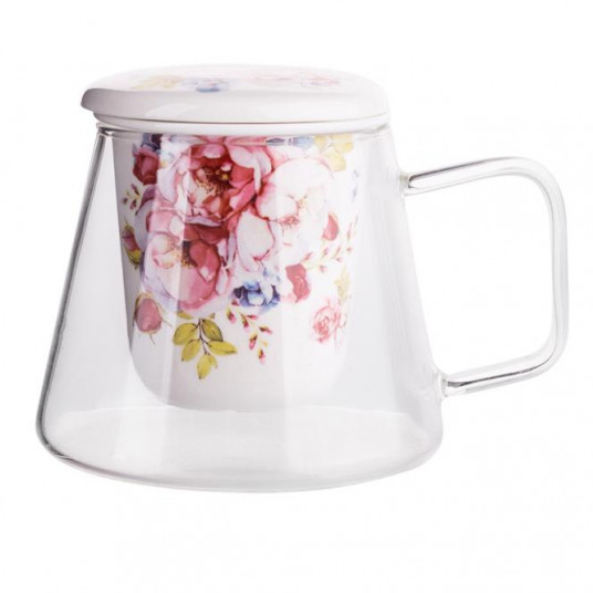 Stiklinis puodelis su porcelianinių filtru „Gėlės“ 300ml