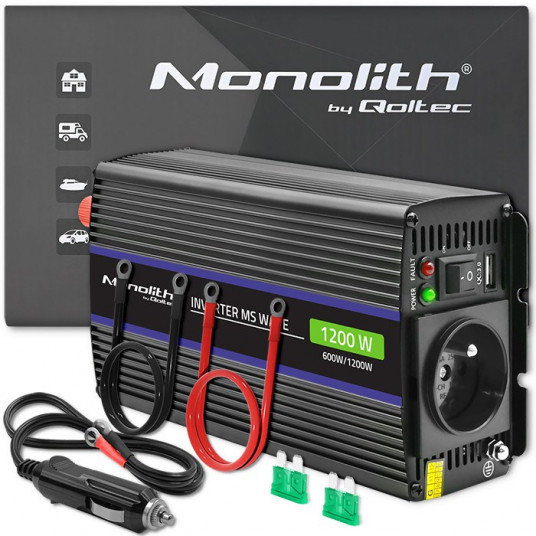  Qoltec 51925 Monolitinis įtampos keitiklis 1200 MS Wave |12V iki 230V | 600/1200W | USB 