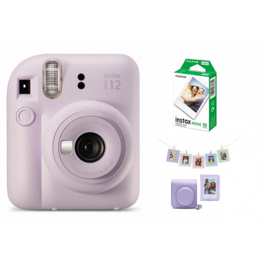  Momentinis fotoaparatas instax mini 12  LILAC PURPLE + PRIEDŲ rinkinys (DĖKLAS, ALBUMAS, RĖMELIAI SU SEGTUKAIS) + instax mini glossy (10p 