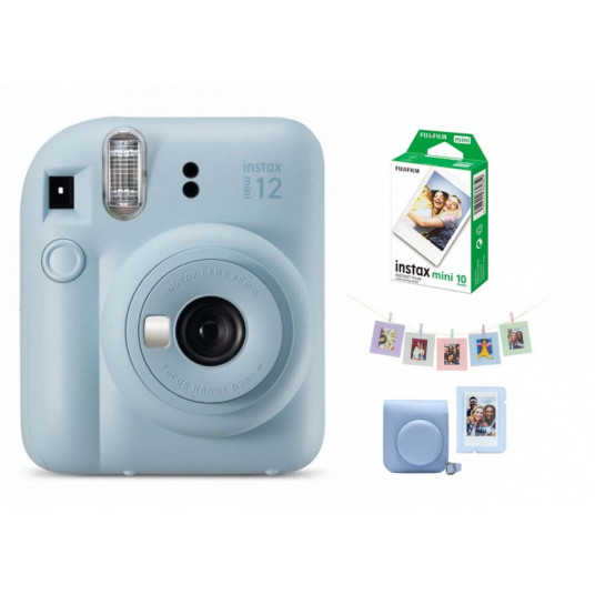  Momentinis fotoaparatas instax mini 12  PASTEL BLUE + PRIEDŲ rinkinys (DĖKLAS, ALBUMAS, RĖMELIAI SU SEGTUKAIS) + instax mini glossy (10p 