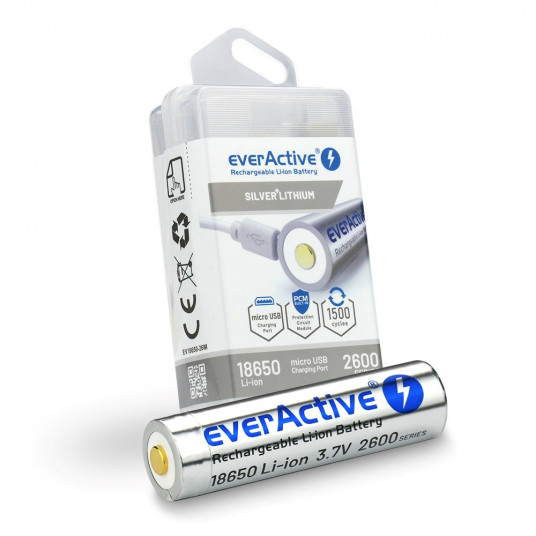  Akumuliatorius everActive 18650 3,7 V ličio jonų 2600 mAh micro USB su apsaugine dėžute 