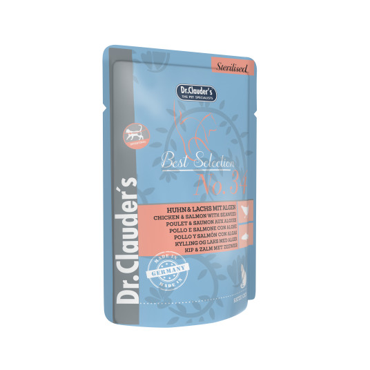 Dr.Clauder‘s best selection drėgnas maistas sterilizuotoms katėms su vištiena, lašIša ir jūros dumbliais