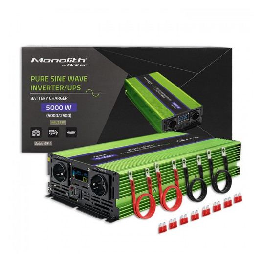  Qoltec Przetwornica napięcia Monolith | ładowanie baterii | UPS | 2500W | 5000W |12V na 230V |Czysty Sinus | LCD 