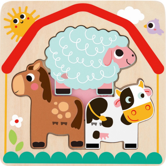  Tooky Toy medinė daugiasluoksnė dėlionė, ūkio gyvūnai 