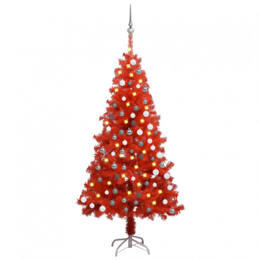 Dirbtinė Kalėdų eglutė su LED/žaisliukais, raudona, 150cm, PVC