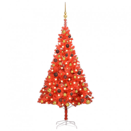 Dirbtinė Kalėdų eglutė su LED/žaisliukais, raudona, 150cm, PVC