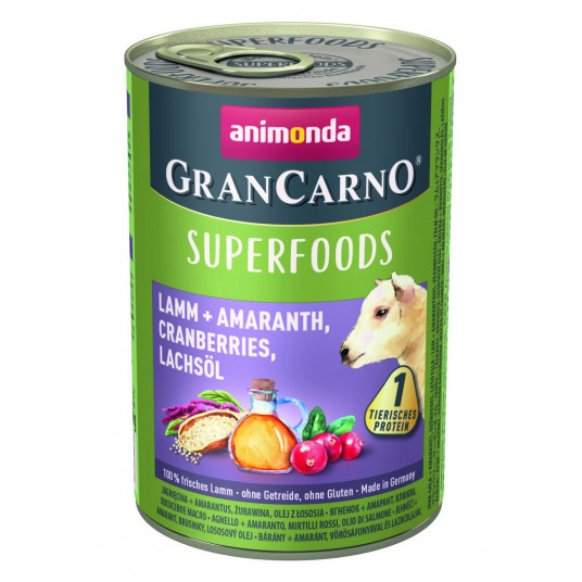 GranCarno Superfoods šunų konservai su ėriena, burnočiais, spanguolėmis ir lašišų aliejumi 400 g 