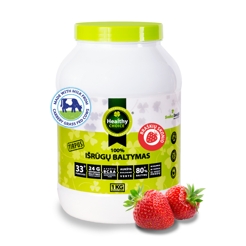 Išrūgų baltymų 80% mišinys „Healthy Choice“ braškių skonio1kg.