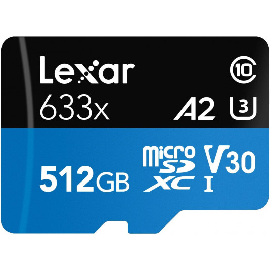 Lexar 512 GB didelio našumo 633x microSDXC™ UHS-I, iki 100 MB/s skaitymas 70 MB/s rašymas C10 A2 V30 U3, pasaulinis