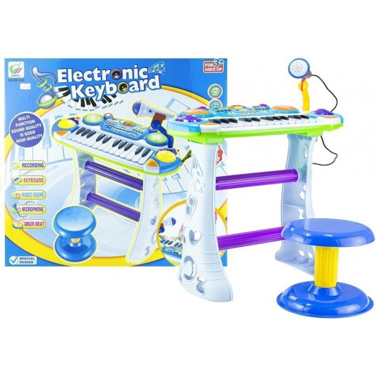 Pianinas su kėdute ir mikrofonu, mėlynas
