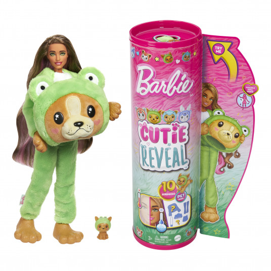 Barbės „Cutie Reveal“ rinkinys, minkštutėlių kostiumų serija - šunelis + varlė, HRK24