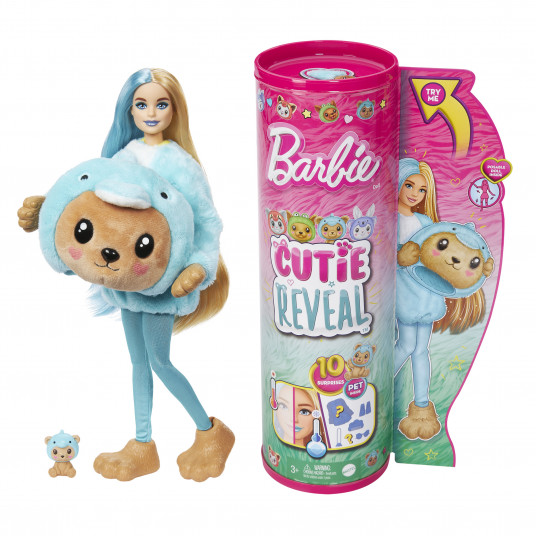 Barbės „Cutie Reveal“ rinkinys, minkštutėlių kostiumų serija - meškutis + delfinas