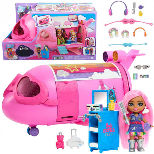 Rožinis vaivorykštinis lėktuvas Barbie Extra Fly Minis pilotinė lėlė ZA5092