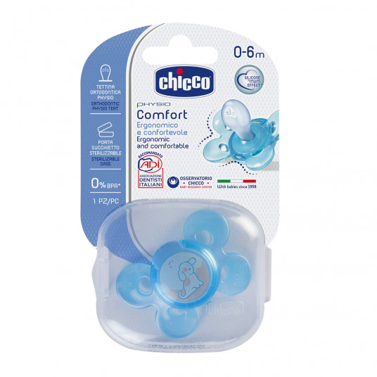 CHICCO Ortodontinis žindukas PHYSIO COMFORT su sterilizavimo dėklu, 0-6M, Iš "Mum effect" silikono