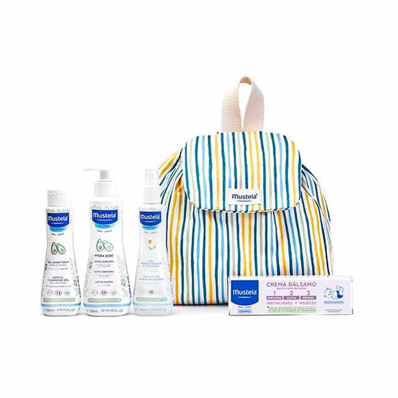 Mustela Little Moments Striped Backpack rinkinys kūdikių priežiūrai  5 vnt