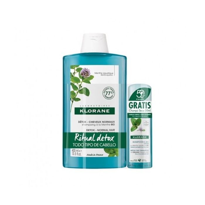 "Klorane Ritual Detox Mint" mėtų šampūnas 400ml + mėtų sausas šampūnas 50ml