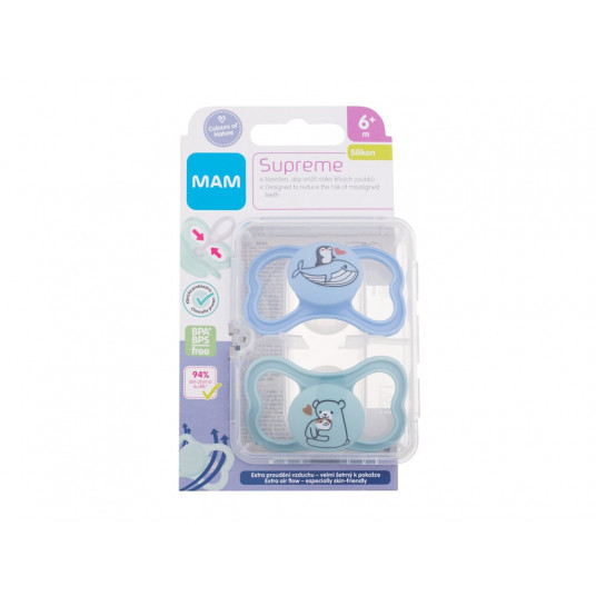 Soother MAM Supreme Silicone Pacifier 6m+ Blue & Turquoise, 2pc