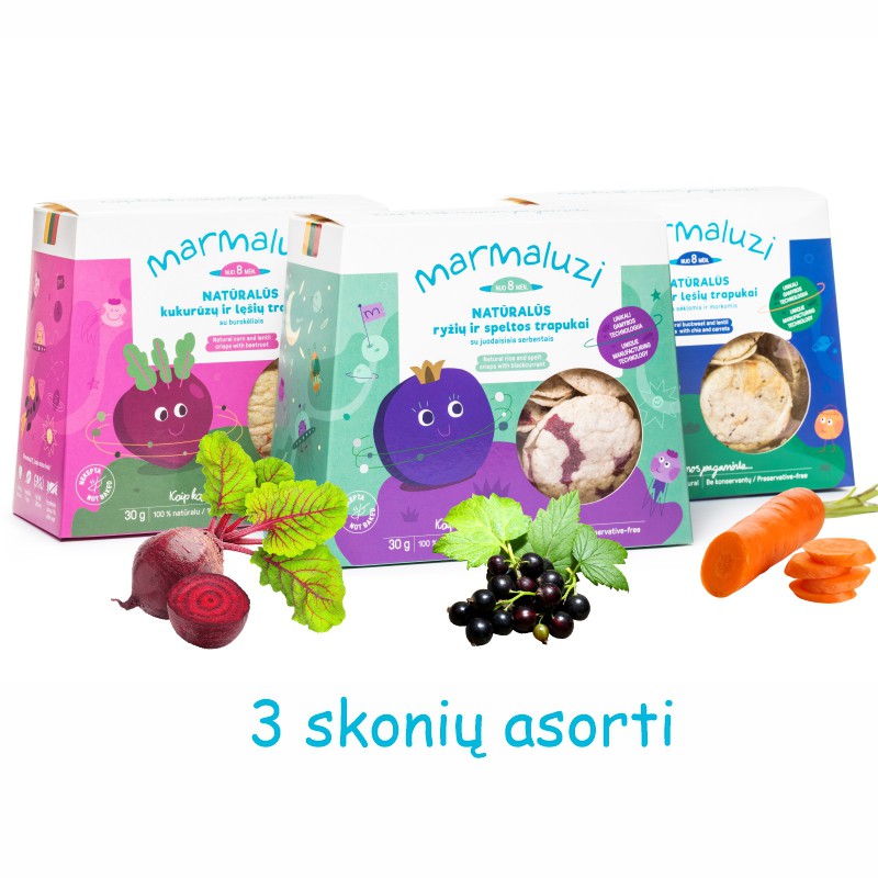 Natūralių trapukų rinkinys nuo 8 mėn. 3 x 30g