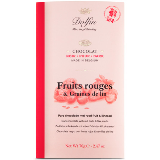 Šokoladas DOLFIN Dark with red berries and flax seeds (70 g)