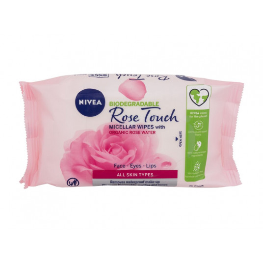 Valymo servetėlės Nivea Rose Touch Micelinės servetėlės su ekologišku rožių vandeniu, 25vnt