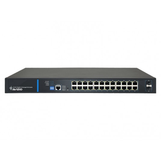 AVIZIO Komutatorius 24x RJ45 PoE 1Gb/s + 2x SFP Uplink 1Gb/s + 1 RJ45 konsolės prievadas