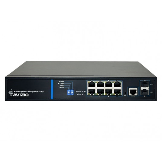 AVIZIO Komutatorius 8x RJ45 PoE 1Gb/s + 2x SFP Uplink 1Gb/s + 1 RJ45 konsolės prievadas