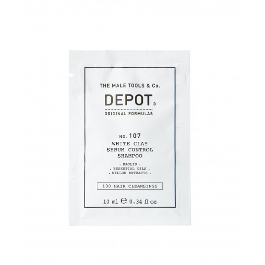 Depot, 100 plaukų valymas Nr. 107, kaolinas, plaukų šampūnas, pertekliniam riebalų kiekiui reguliuoti, 10 ml