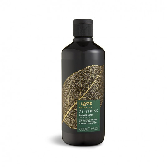 I Love, Wellness De-Stress, vegan, rozmarinas, eukaliptas ir citrinžolė, valymas, dušo želė, visų tipų odai, 500 ml
