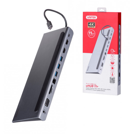 UNITEK HUB USB-C 11IN1, USB-C, RJ45, MST, 100 W PD