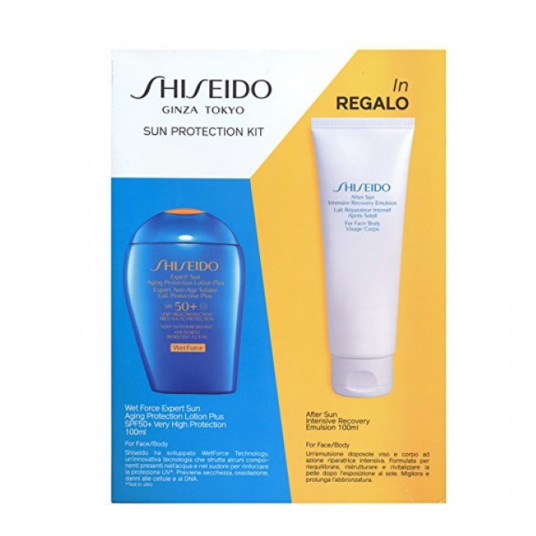 „Shiseido“ rinkinys: Expert Sun, Apsauga nuo saulės, Apsauginis losjonas, SPF 50+, 100 ml + Expert Sun Wet Force, Apsauga nuo saulės, Losjonas po saulės, 100 ml