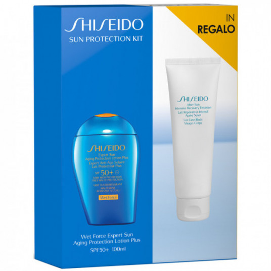 „Shiseido“ rinkinys: Expert Sun, Apsauga nuo saulės, Apsauginis losjonas, SPF 50+, 100 ml + Expert Sun Wet Force, Apsauga nuo saulės, Losjonas po saulės, 75 ml